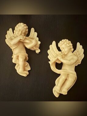 Pair Cherub Angel Musical Resin Wall Decor